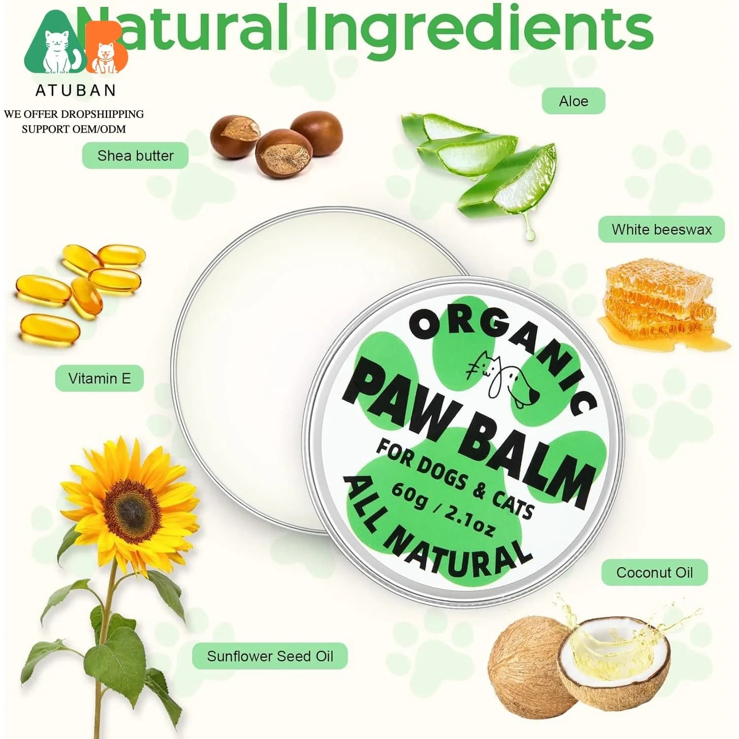 ATUBAN Baume pour pattes de chien et baume pour le nez, protecteur de pattes de chien et de chat entièrement naturel Sucette huile de noix de coco biologique pour pattes sèches et craquelées de chien,