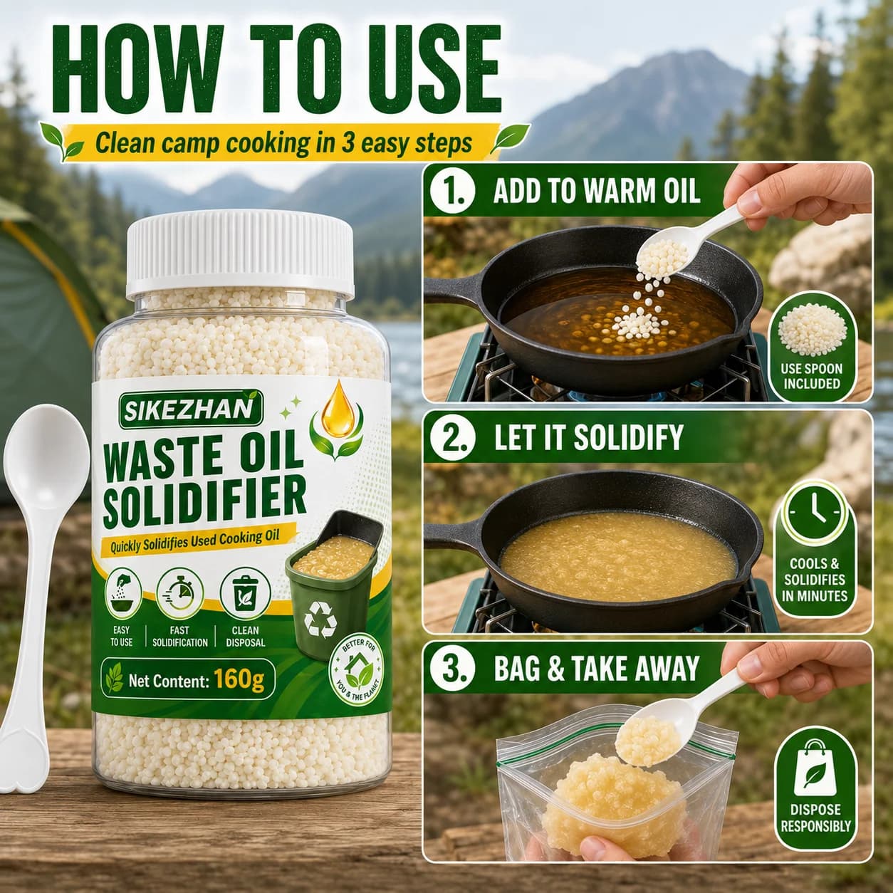 Poudre Solidifiante Écologique pour Huile de Cuisson Usagée – Durcisseur Rapide pour Camping