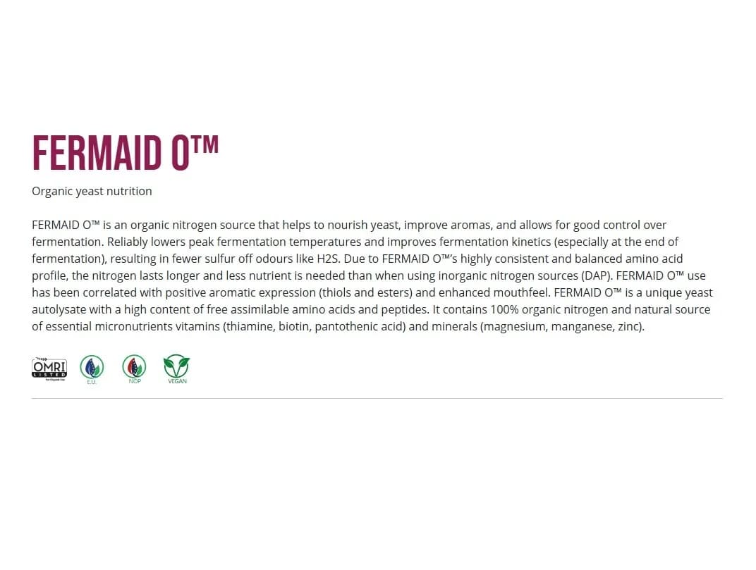 Fermaid O YEAST Nutrients : Nutriments multiples qui améliorent l'arôme et permettent un bon contrôle de la fermentation.