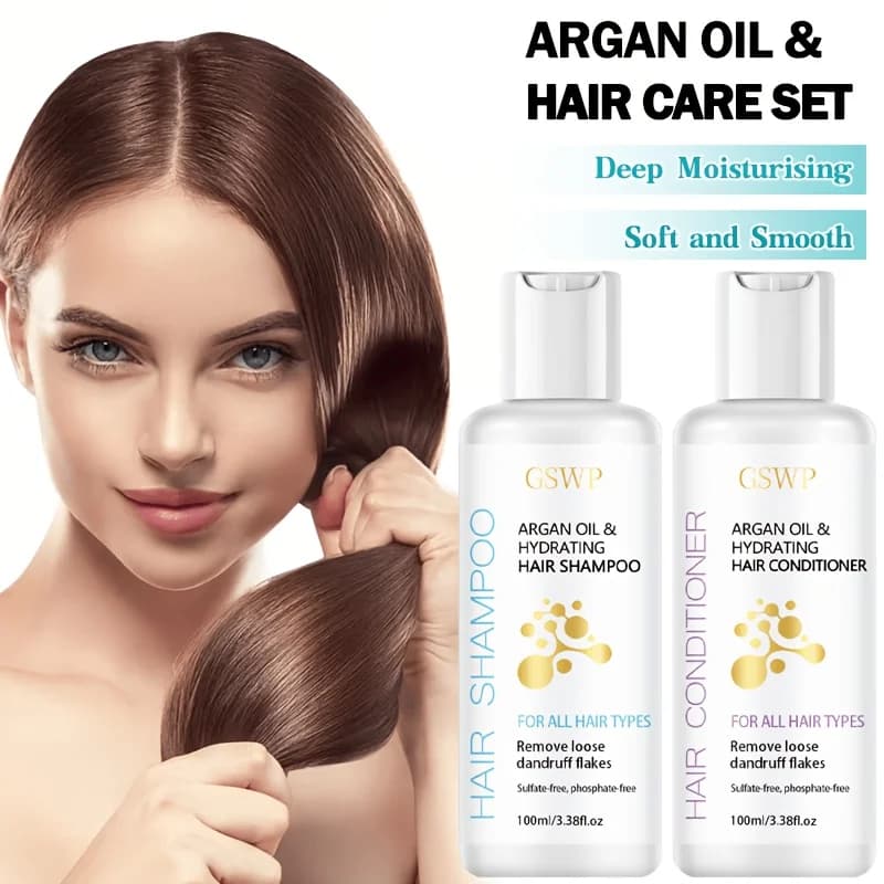 Ensemble shampoing et après-shampoing hydratant à l'huile d'argan GSWP. Hydratation intense