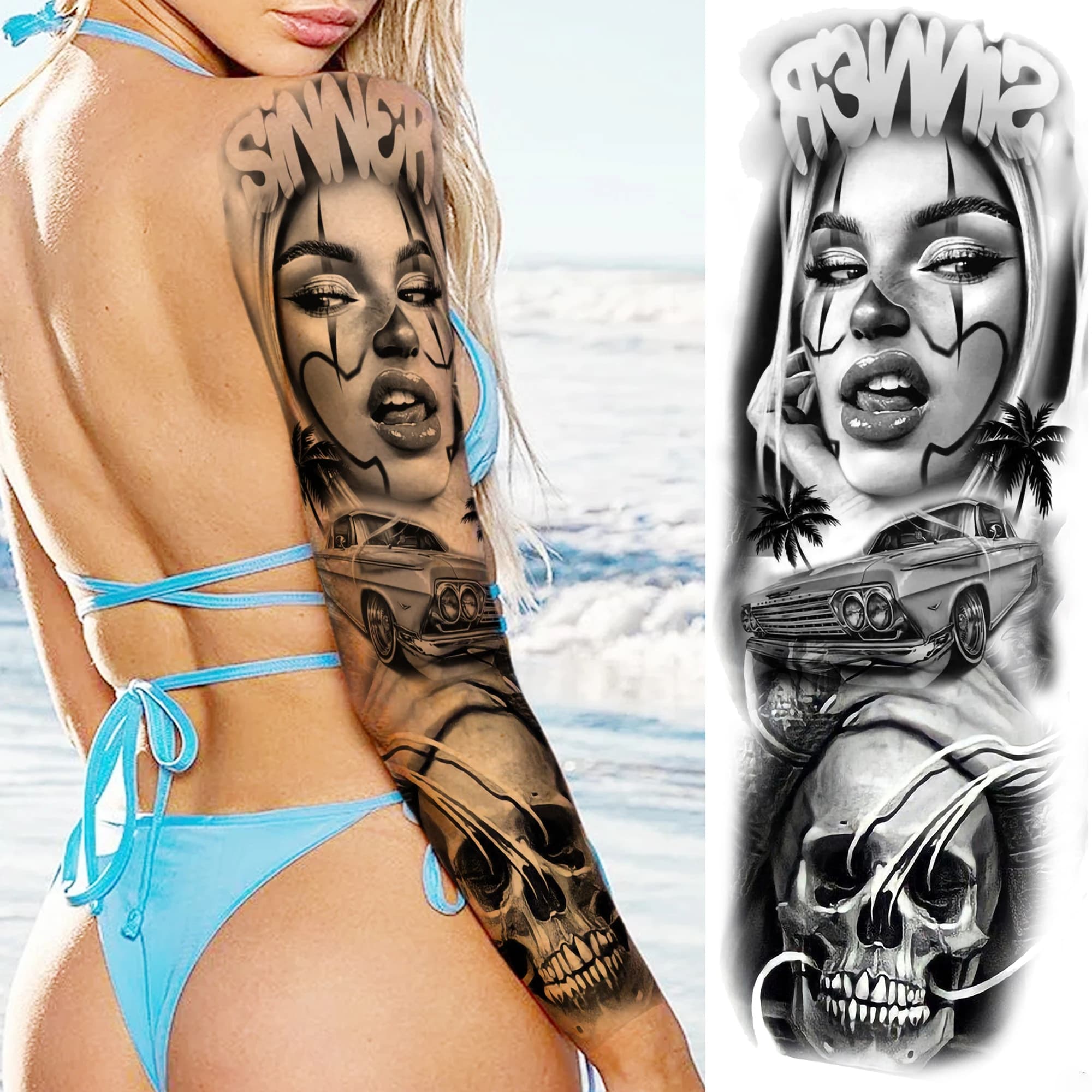 1 feuille bras complet voleur Gangster tatouages temporaires pour hommes femmes imperméable Tatoo manches réaliste