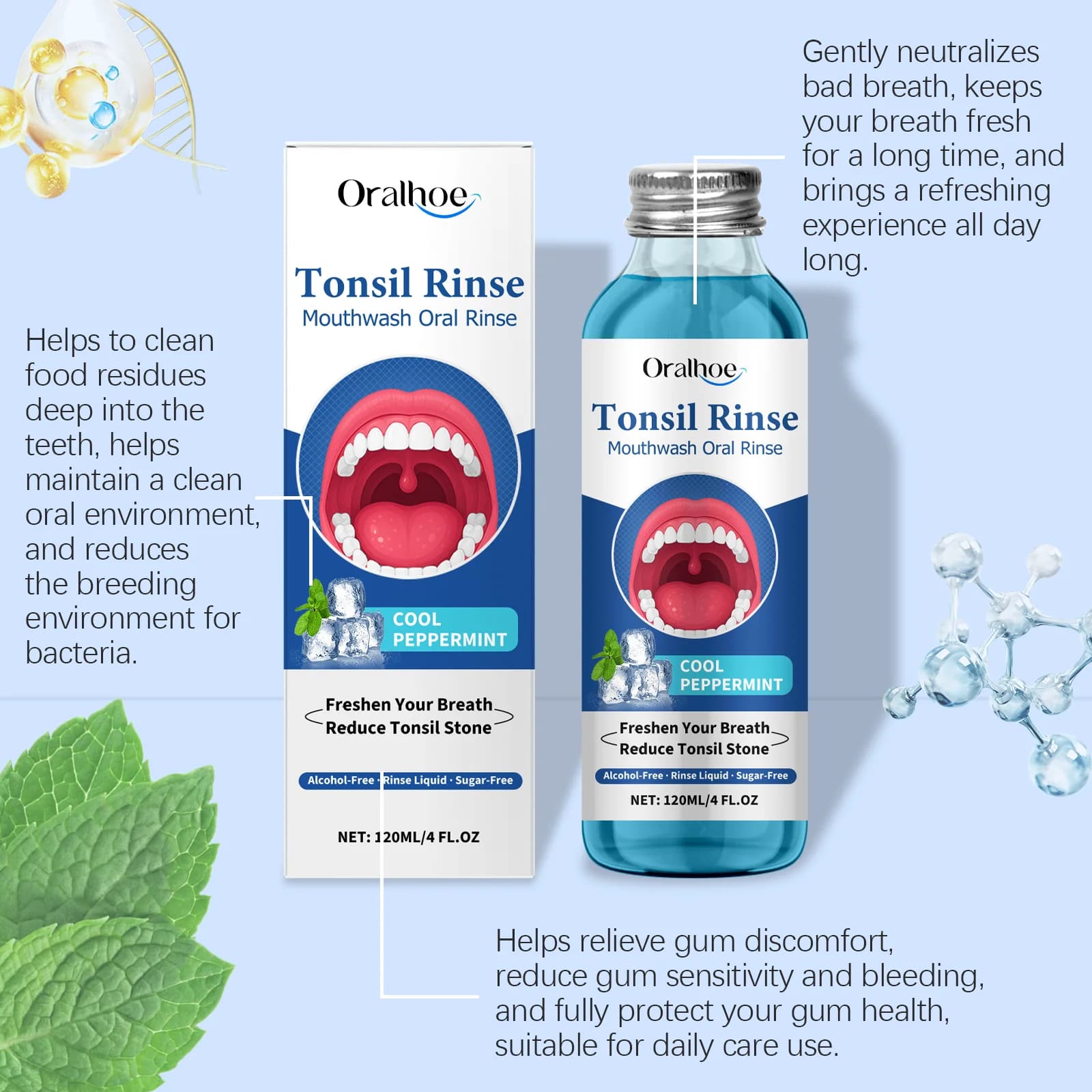 Bain de bouche ORALHOE 120 ml – Élimine les résidus alimentaires, la mauvaise haleine, réduit les calculs amygdaliens, élimine les odeurs, soin buccal
