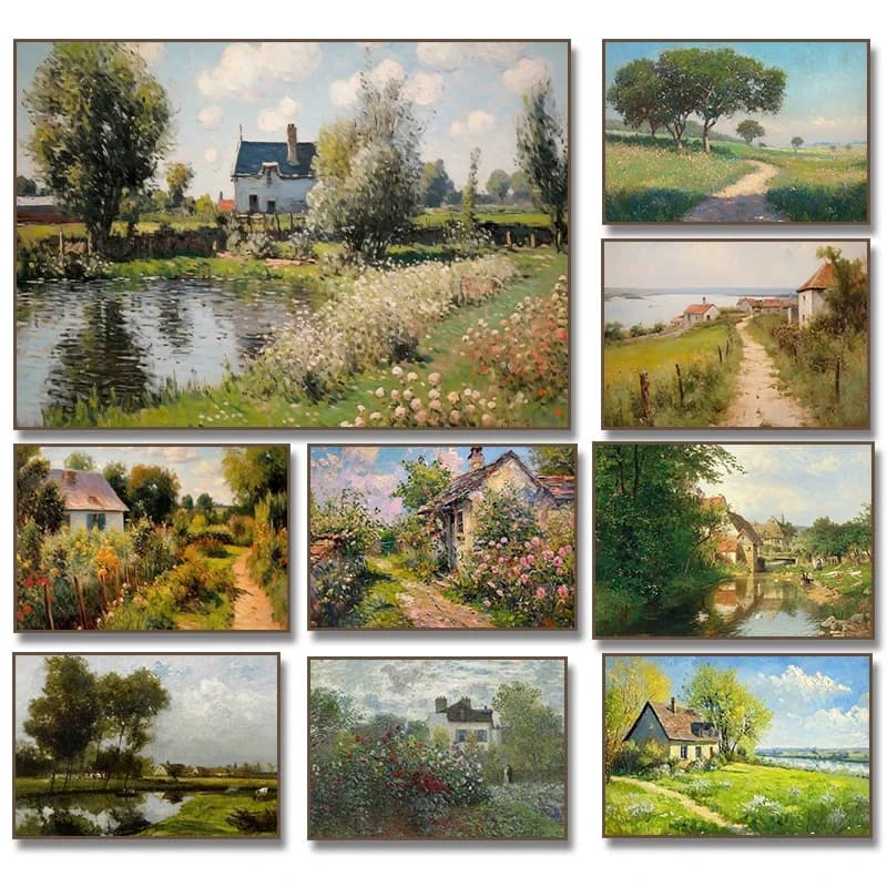Paysage de pays d'été, chalet, rivière, jardin de roses, peinture à l'huile, affiche en toile imprimée, Art mural rustique, décoration de maison de ferme