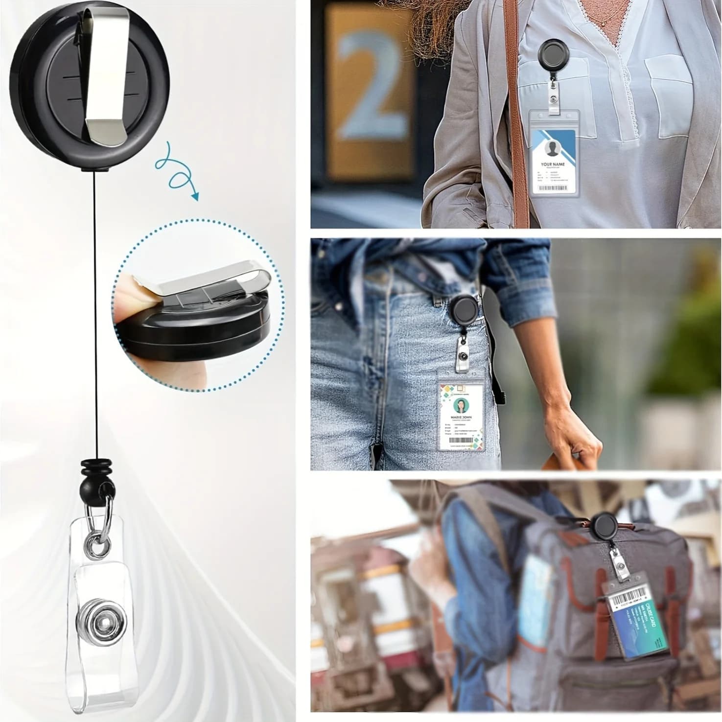 Ensemble de bobines de badges rétractables noires avec fermoir mousqueton et porte-carte en PVC étanche, lanière durable, pour identification de travail et étiquettes nominatives