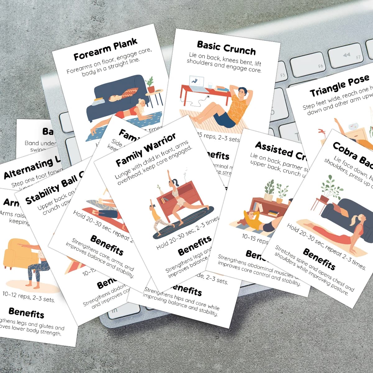 16 cartes d'exercices pour entraînement à domicile, guide illustré avec instructions, flashcards de fitness portables pour l'entraînement, le yoga, cadeau de fitness