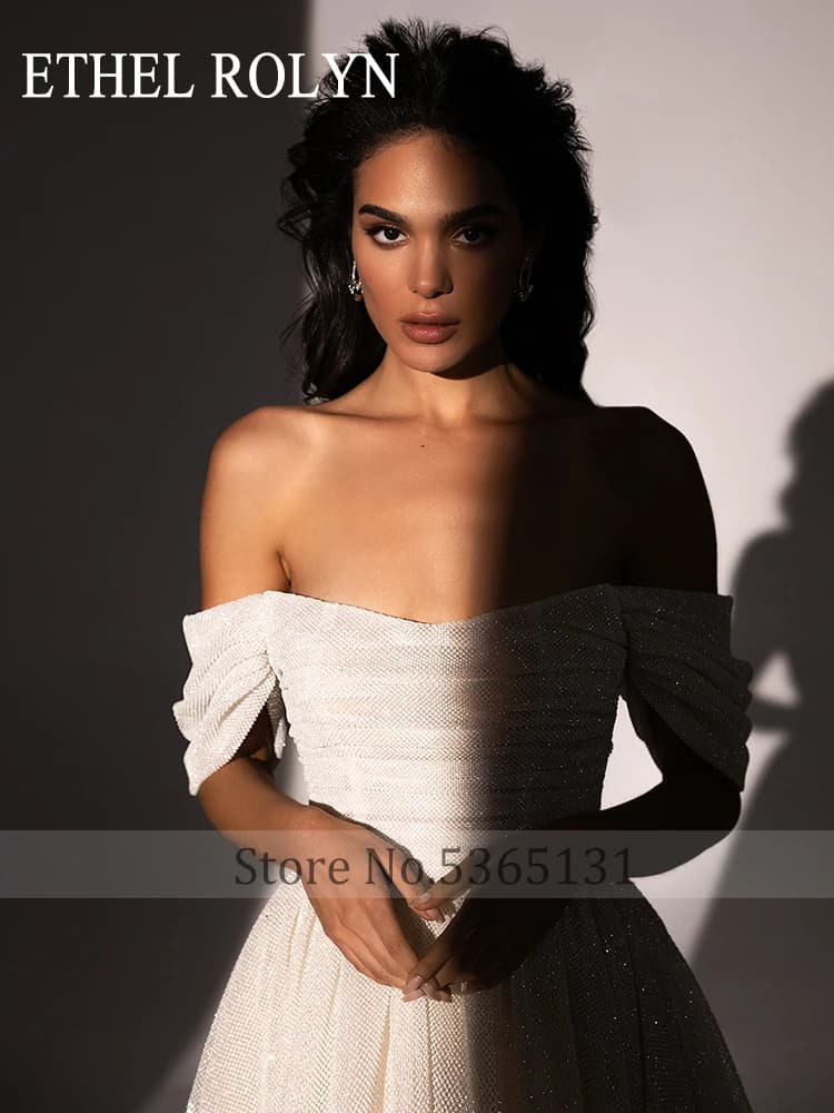 ETHEL ROLYN robes De mariée trapèze pour femmes brillant hors De l'épaule col bateau brosse Train robe De mariée robes De Novia