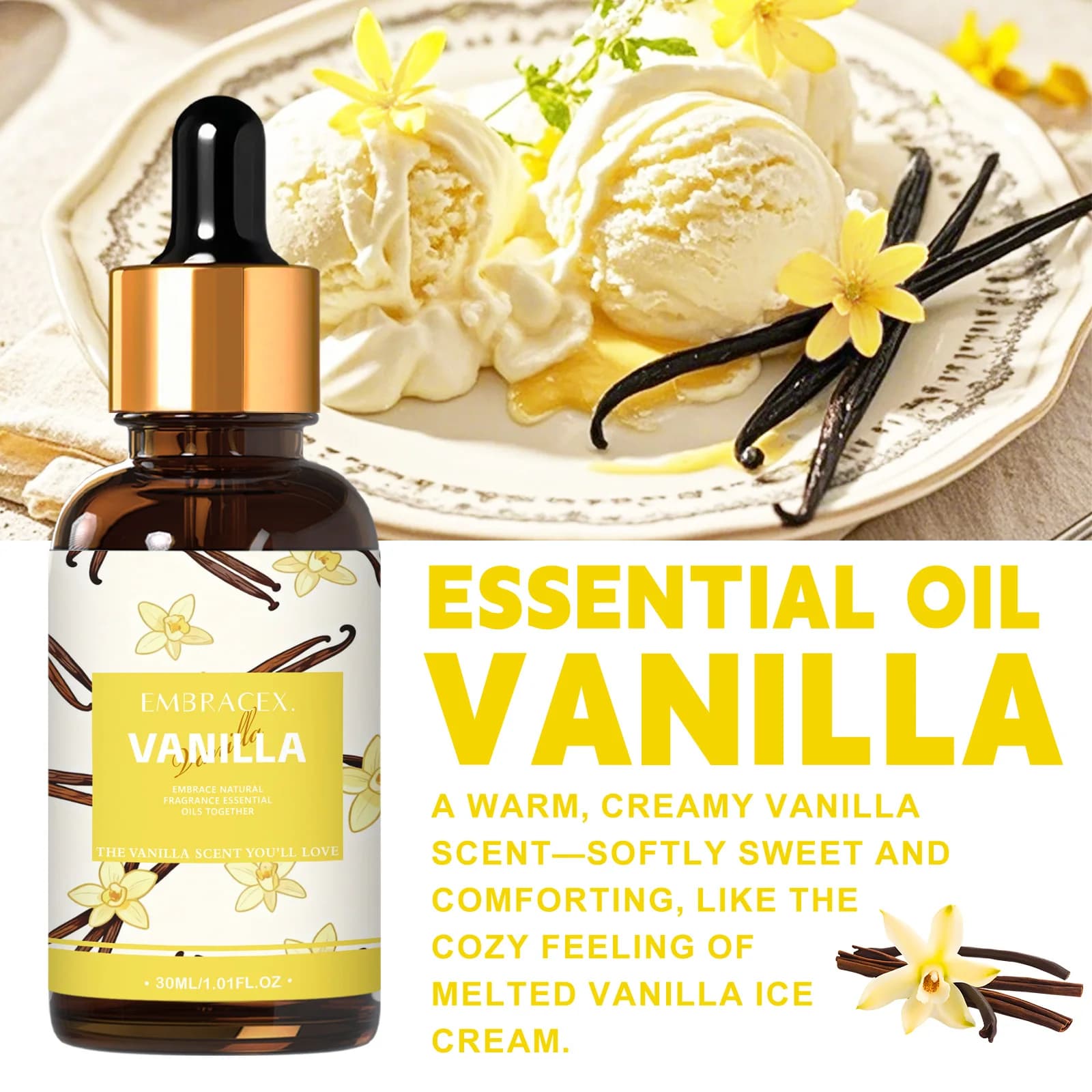 Huile essentielle naturelle de vanille 30 ml pour désodorisant de voiture, projets DIY, fabrication de bougies, parfum longue durée, cadeau pour amis