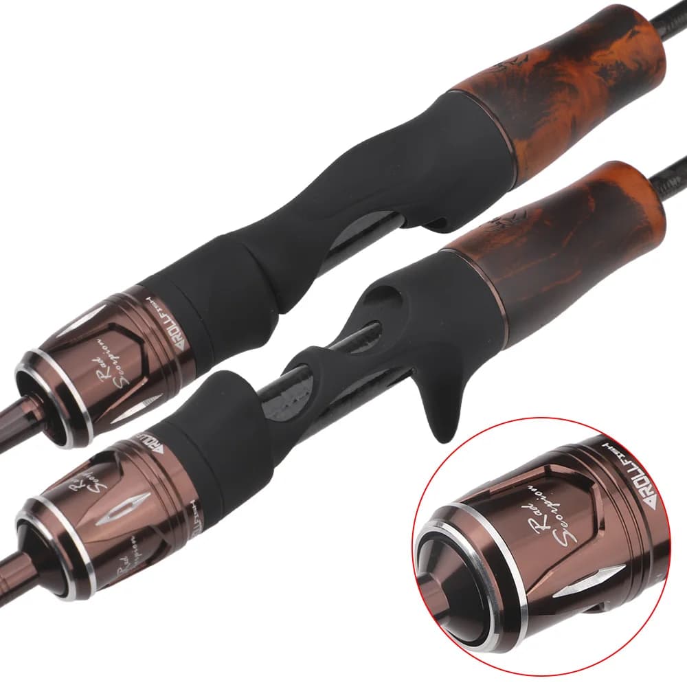 ROLLFISH Canne à pêche spinning/casting en carbone ultra souple avec poignée en bois massif, action rapide, 1,38-1,8m
