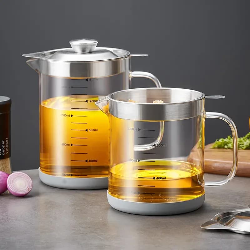 Pot à huile en verre transparent 1L/1.5L avec échelle graduée, séparateur et réservoir de stockage d'huile de cuisine avec filtre à mailles fines, récipient à graisse