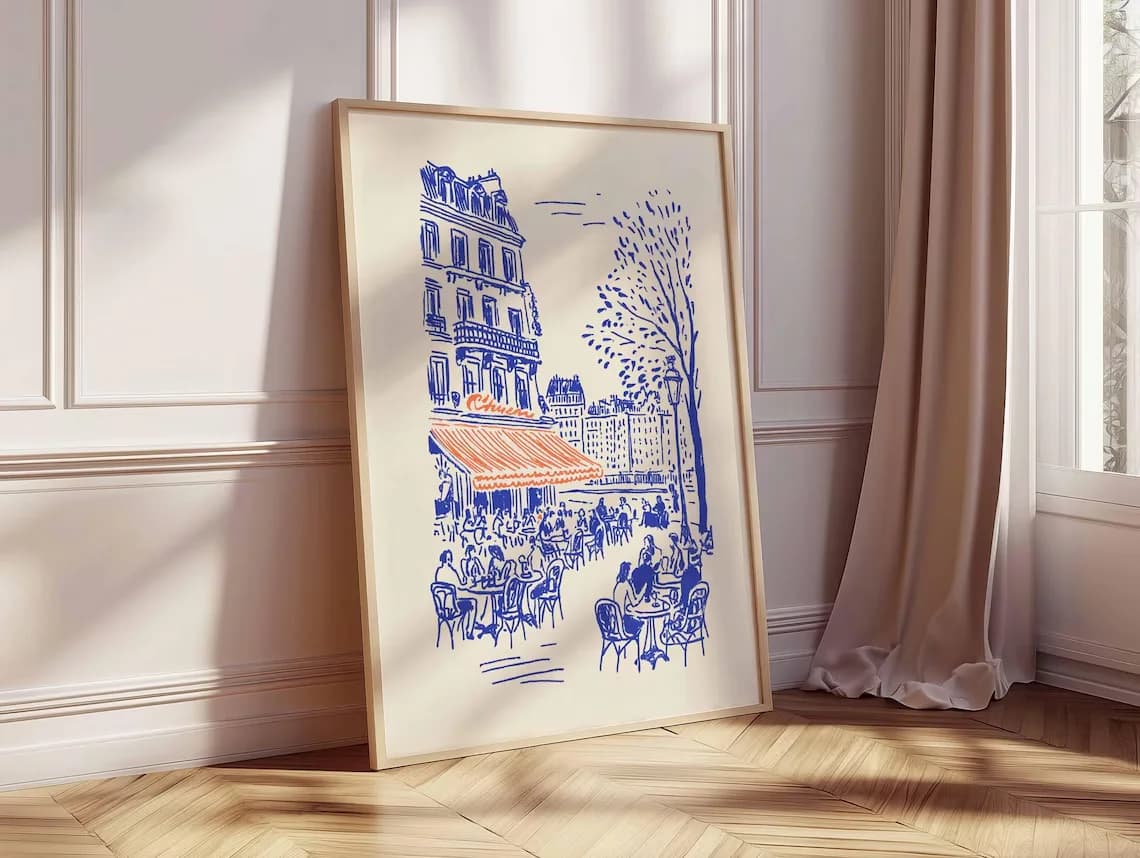 Affiche d'art linéaire Café de Paris, Décoration murale Bistro français, Dessin minimaliste de Paris, Illustration de café européen