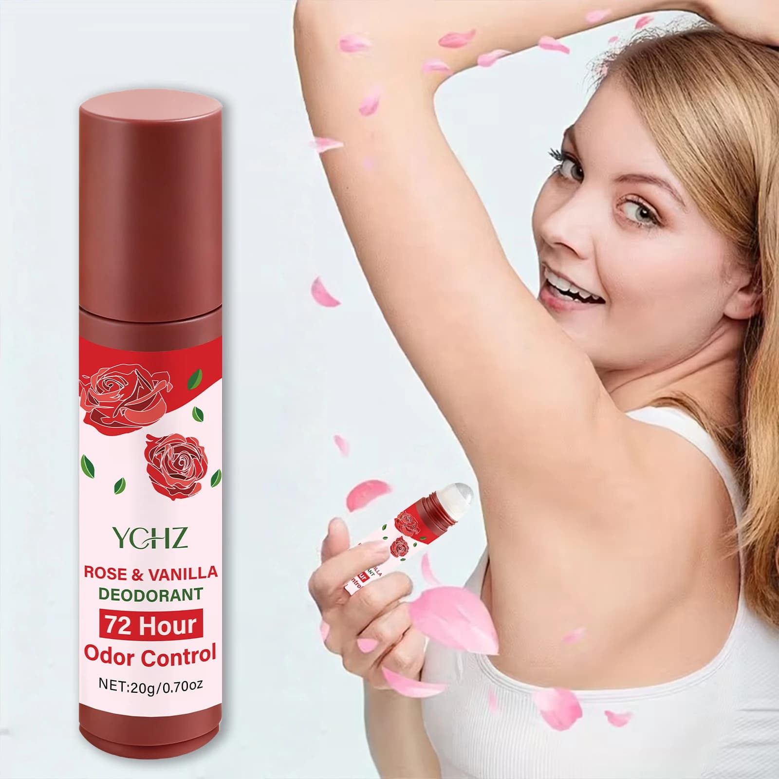 Déodorant Roll-On Rose Vanille Jasmin - Ingrédients à base de plantes, contrôle des odeurs longue durée 72 heures, soin doux, convient aux hommes et aux femmes, pour les voyages ou l'usage quotidien
