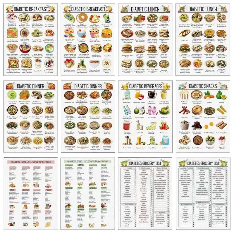 12 pièces tableau alimentaire à faible teneur en sucre liste de nutrition régime à faible teneur en carbure Guide d'information alimentaire affiche pour papa mère grand-père grand-mère personnes âgées
