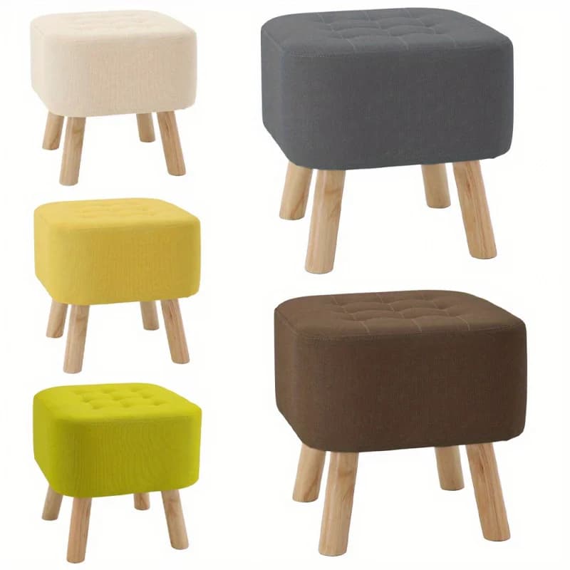Repose-pieds carré en tissu de lin rembourré avec pieds en bois - Tabouret bas confortable et décoratif pour la maison