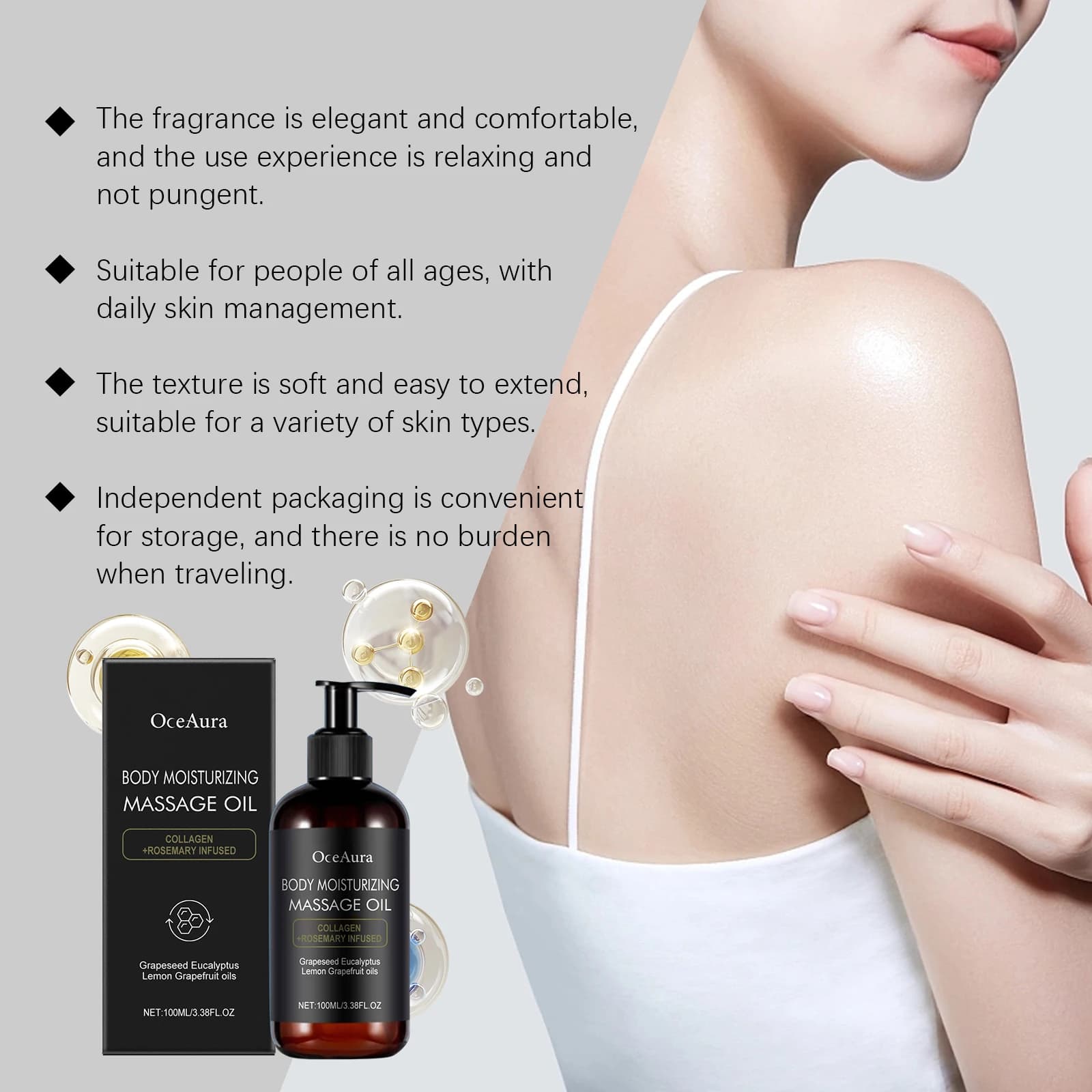 Huile de Massage hydratante pour le corps, nourrissante, lissante, réduit la sécheresse, huile de romarin, éclaircissante, douce, raffermissante, Spa, soins pour la peau