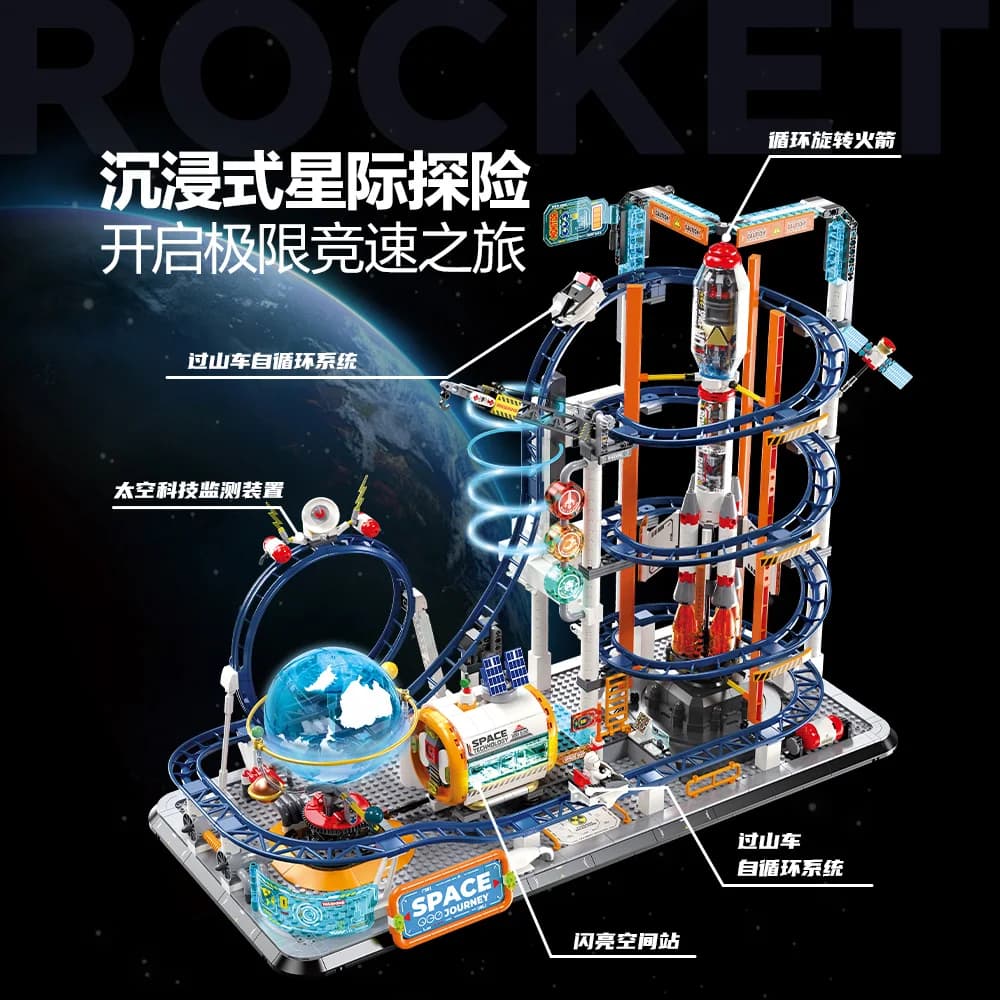 Ensemble de construction Montagnes Russes Spatiales avec moteur électrique, piste de manèges et modèle de station spatiale, briques DIY, jouet éducatif