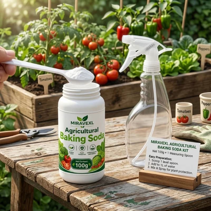 MIRAVEXL Bicarbonate de soude agricole 100g – Poudre naturelle pour l'entretien du sol et des plantes, formule de dilution dans l'eau pour usage domestique et jardinier, avec cuillère doseuse