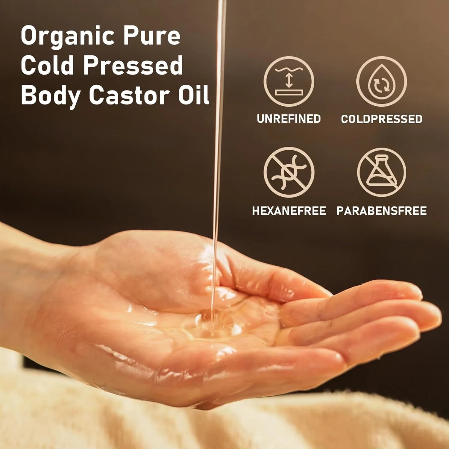 Huile de ricin biologique avec applicateur à bille en quartz rose, 100 % pure, pressée à froid, sans hexane, pour le corps, les sourcils et les soins de massage cutané