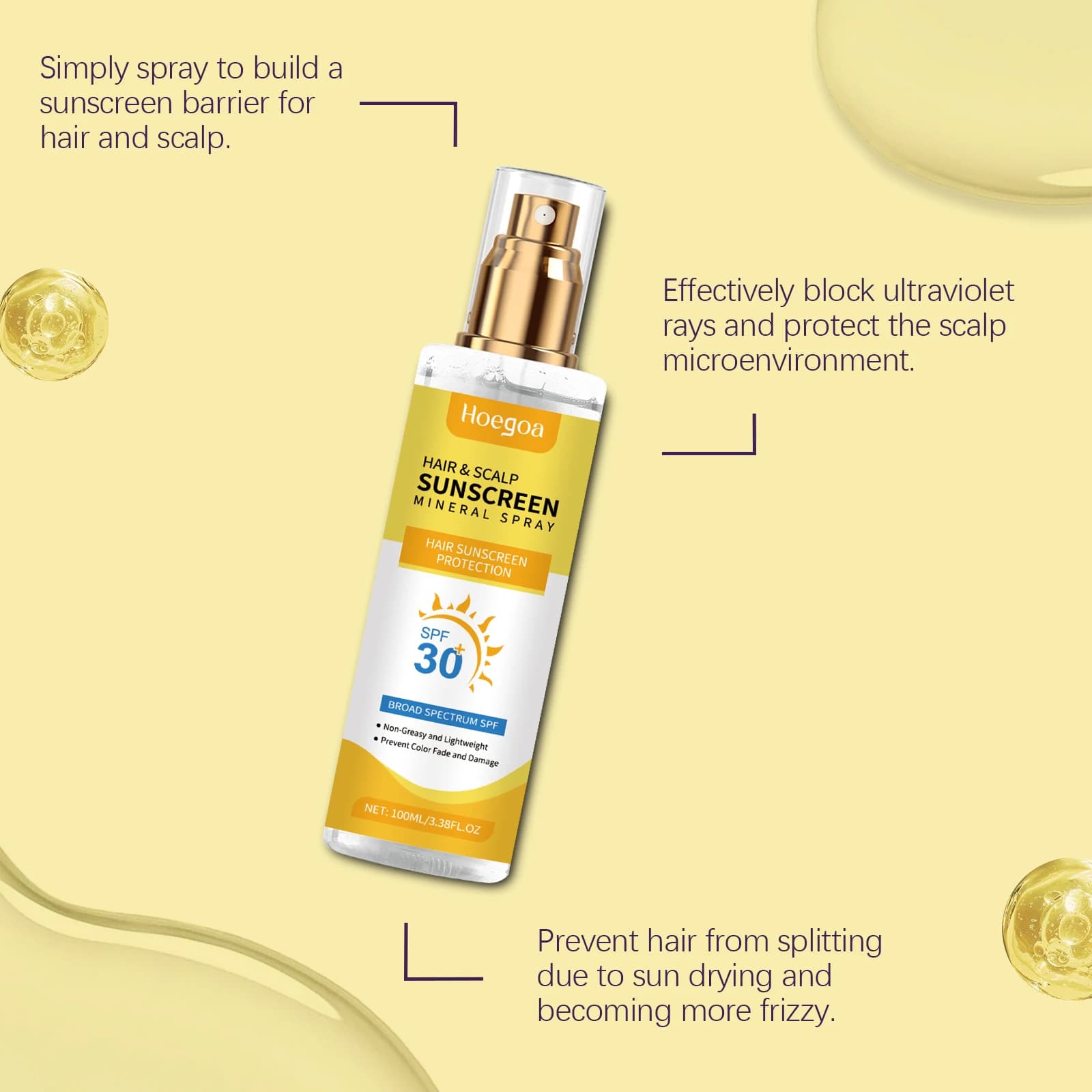 Spray solaire protecteur du cuir chevelu, soin doux, nourrit le cuir chevelu, protection UV, prévient la décoloration des cheveux teints, idéal pour les cheveux secs