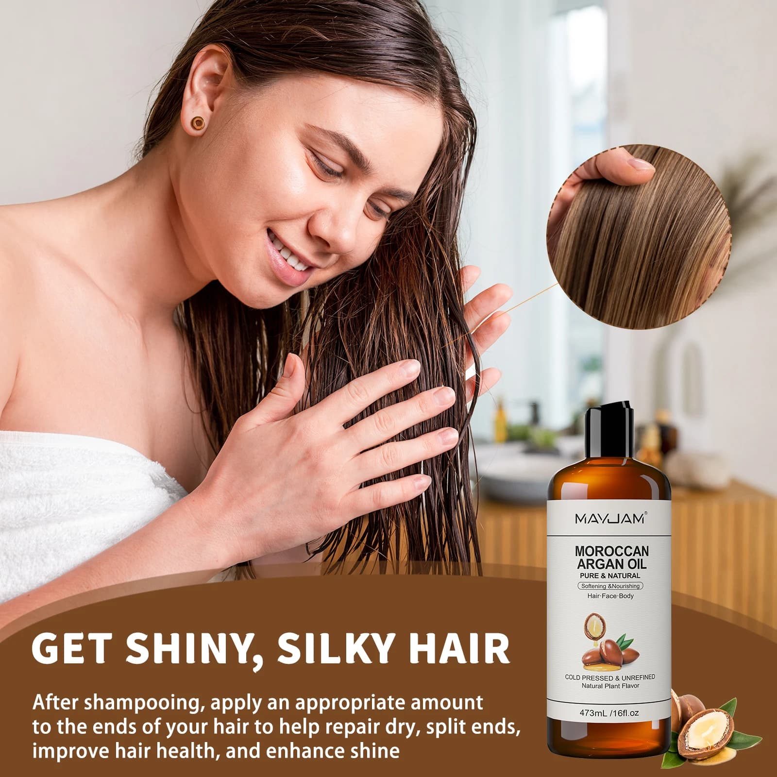 Huile d'Argan Marocaine Pure et Naturelle MAYJAM pour Massage du Visage, des Cheveux et du Corps, Huile d'Amande Douce Pressée à Froid Certifiée USDA 473ml Huile pour le Visage