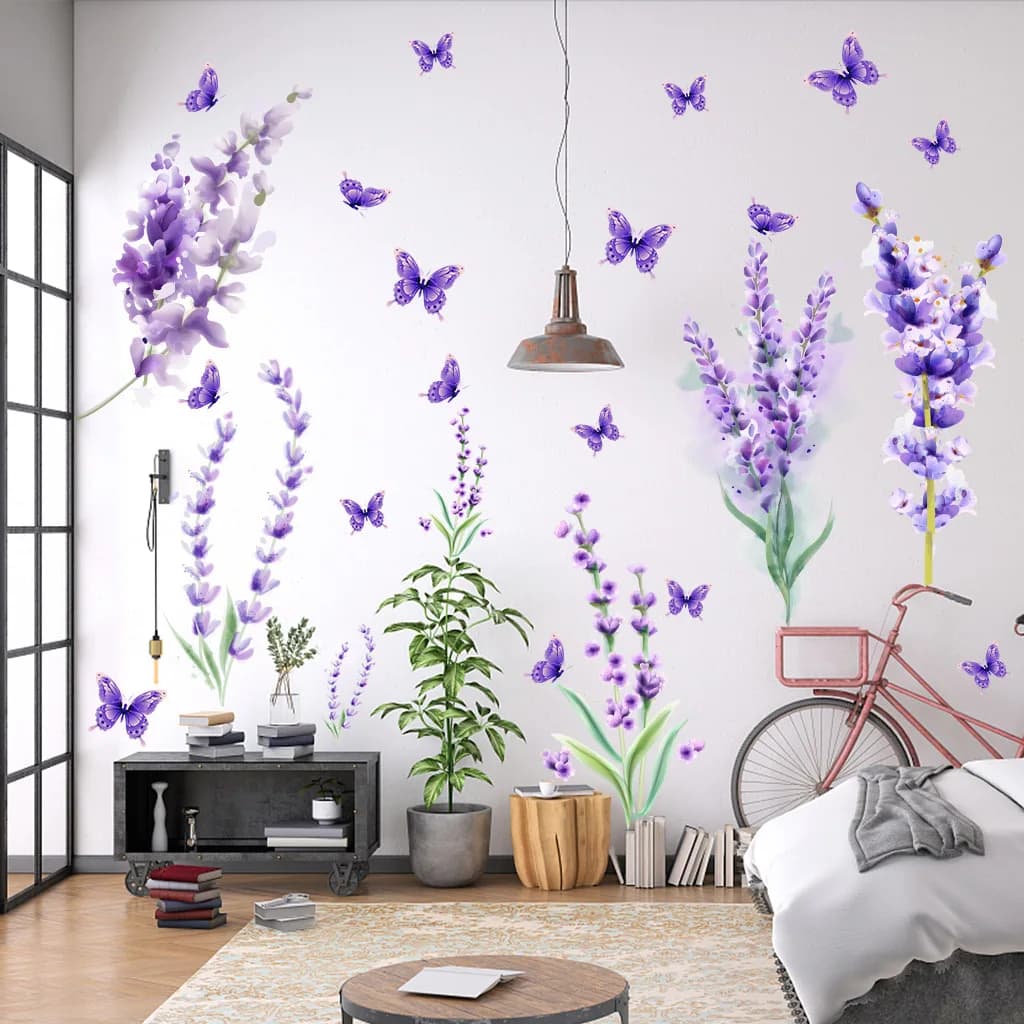 Autocollant mural papillon fleur violet lavande, décoration de maison, autocollants imperméables auto-adhésifs, décoration murale pour chambre à coucher et salon