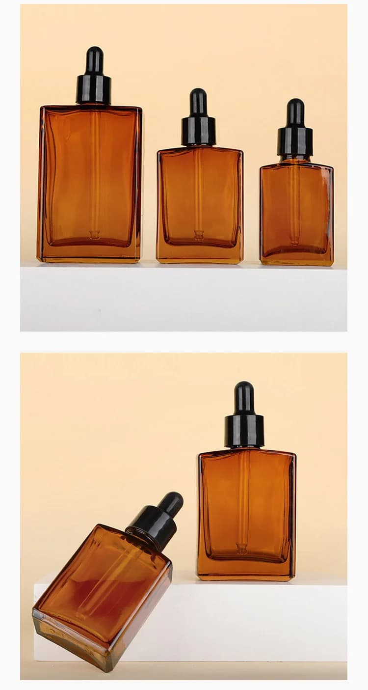 ‌ Flacon compte-gouttes d'huile essentielle rectangulaire à épaule plate ambre – Récipient en verre rechargeable de 30 ml/50 ml