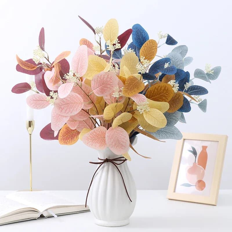 Fleurs artificielles feuilles d'eucalyptus branche fausse plante décoration pour mariage maison Arrangement floral bleu