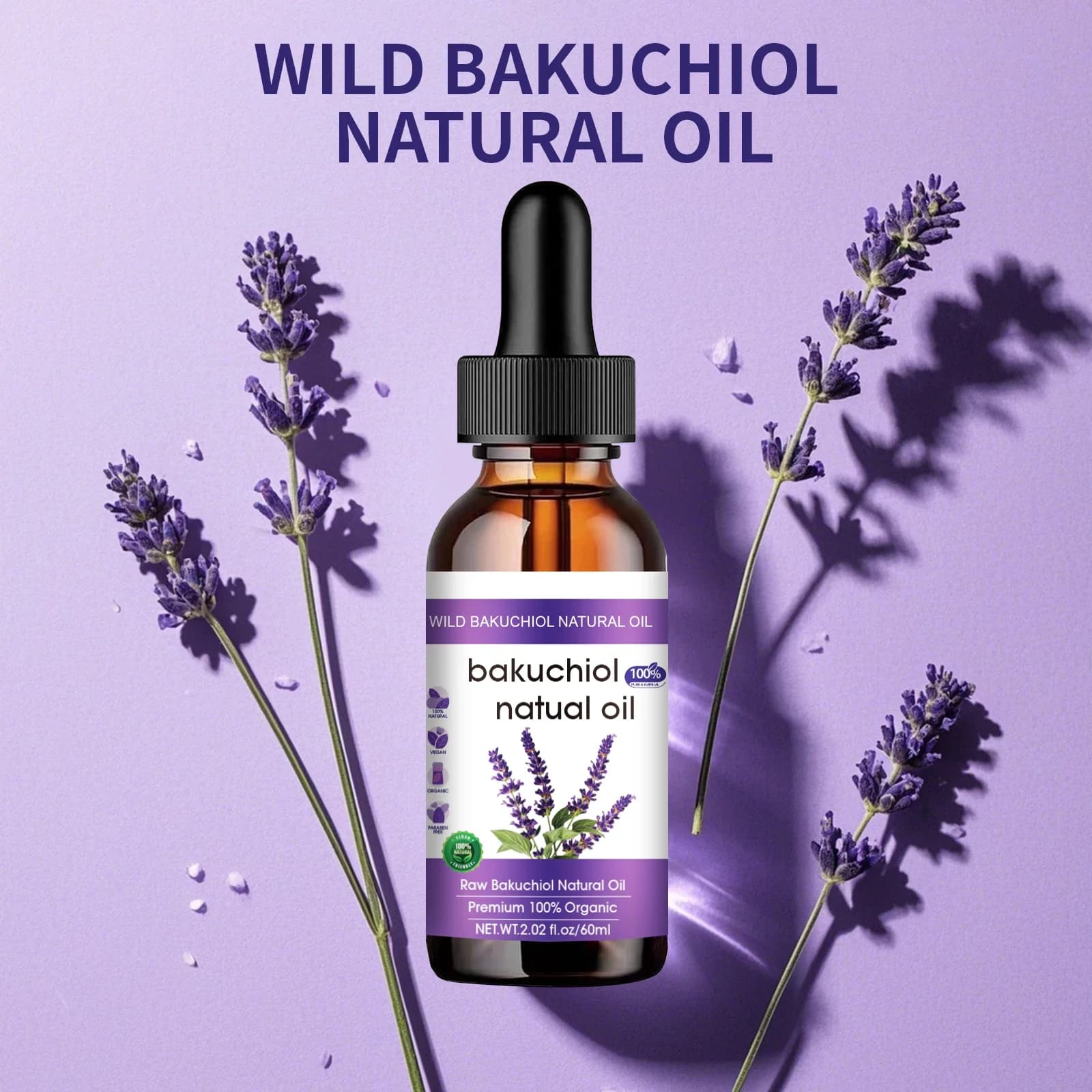 Huile pour le visage anti-âge botanique 60 ml - Formule Bakuchiol & Lavande, alternative naturelle au rétinol pour une peau éclatante.