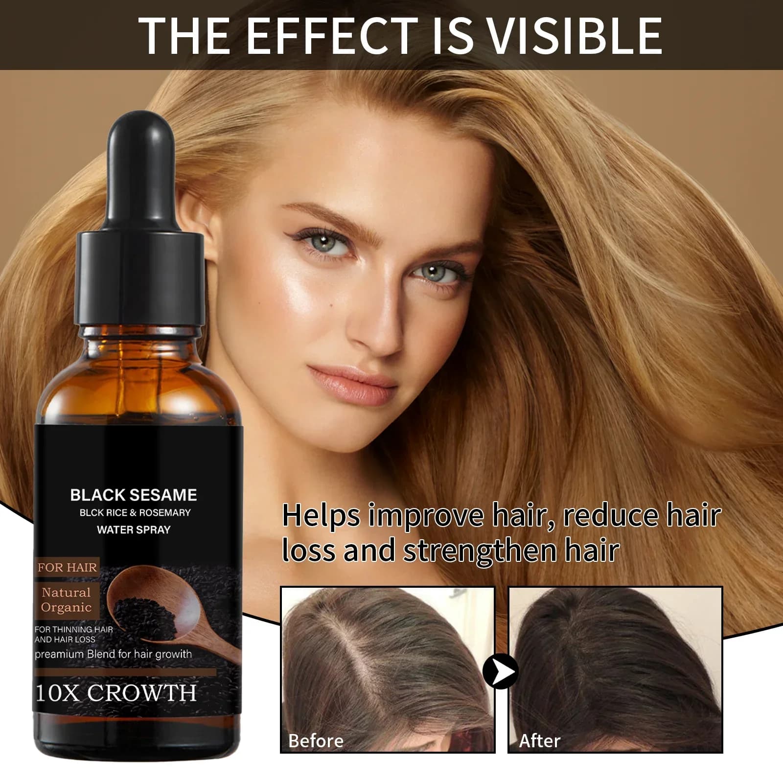 Sérum de croissance des cheveux au sésame noir avec extrait de gingembre et caféine 30ml Huile naturelle nourrissante