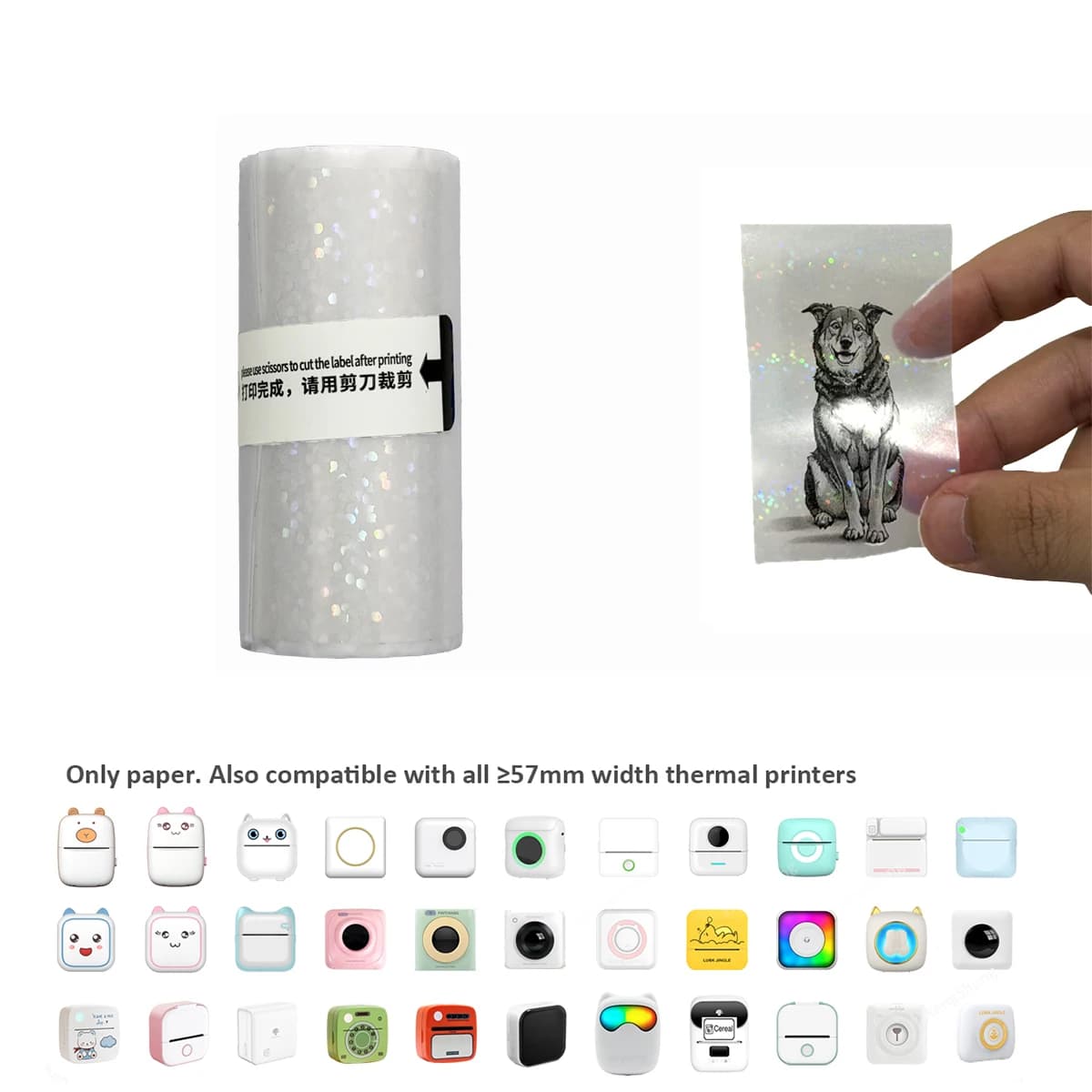 [Rouleau de papier thermique transparent] Rouleau de papier thermique autocollant transparent |   57 mm x 2,5 m, compatible avec la plupart des mini-imprimantes
