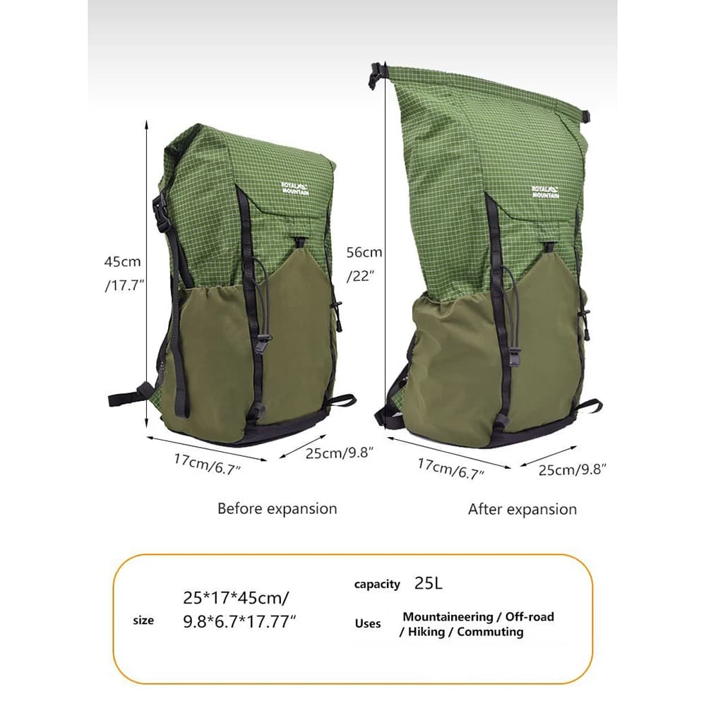 Sac à dos ultraléger 25L UHMWPE XPAC Sac à dos de randonnée pliable - Sac à dos roll-top anti-lash Sac à dos de trekking décontracté seulement 450g