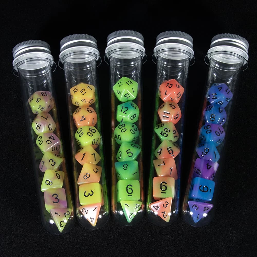 Jeu de dés polyédriques phosphorescents avec tube, dés pour petit-déjeuner du MDN, divertissement de fête, jeux de société, 7 pièces, D4,D6,D8,D10,D12,D20