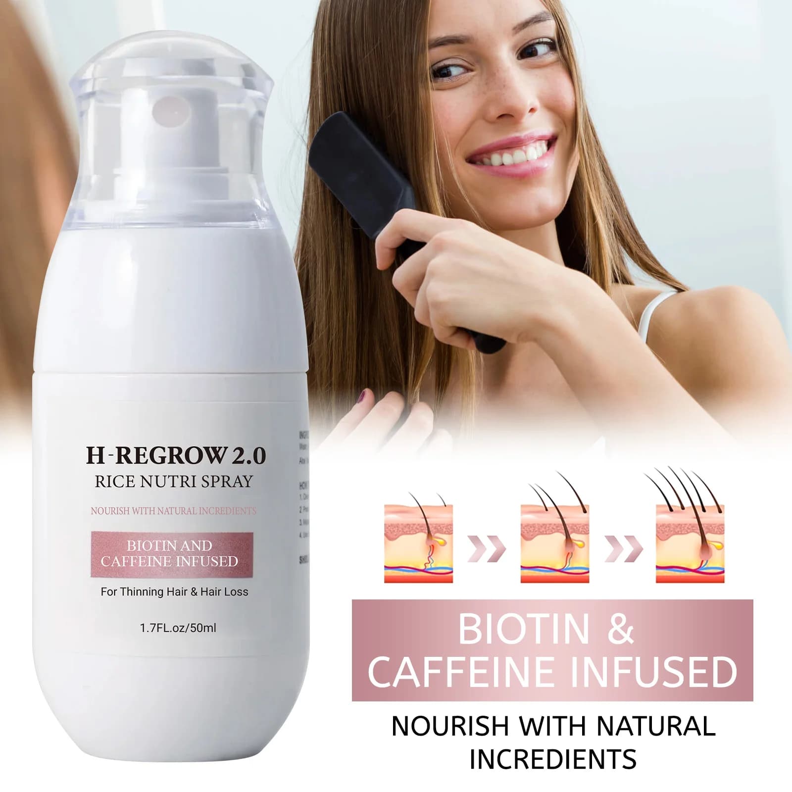 Eau de riz fermentée pour la croissance des cheveux, huile essentielle pour la repousse des cheveux, traitement du cuir chevelu, sérum anti-chute, spray densifiant pour cheveux à base de plantes