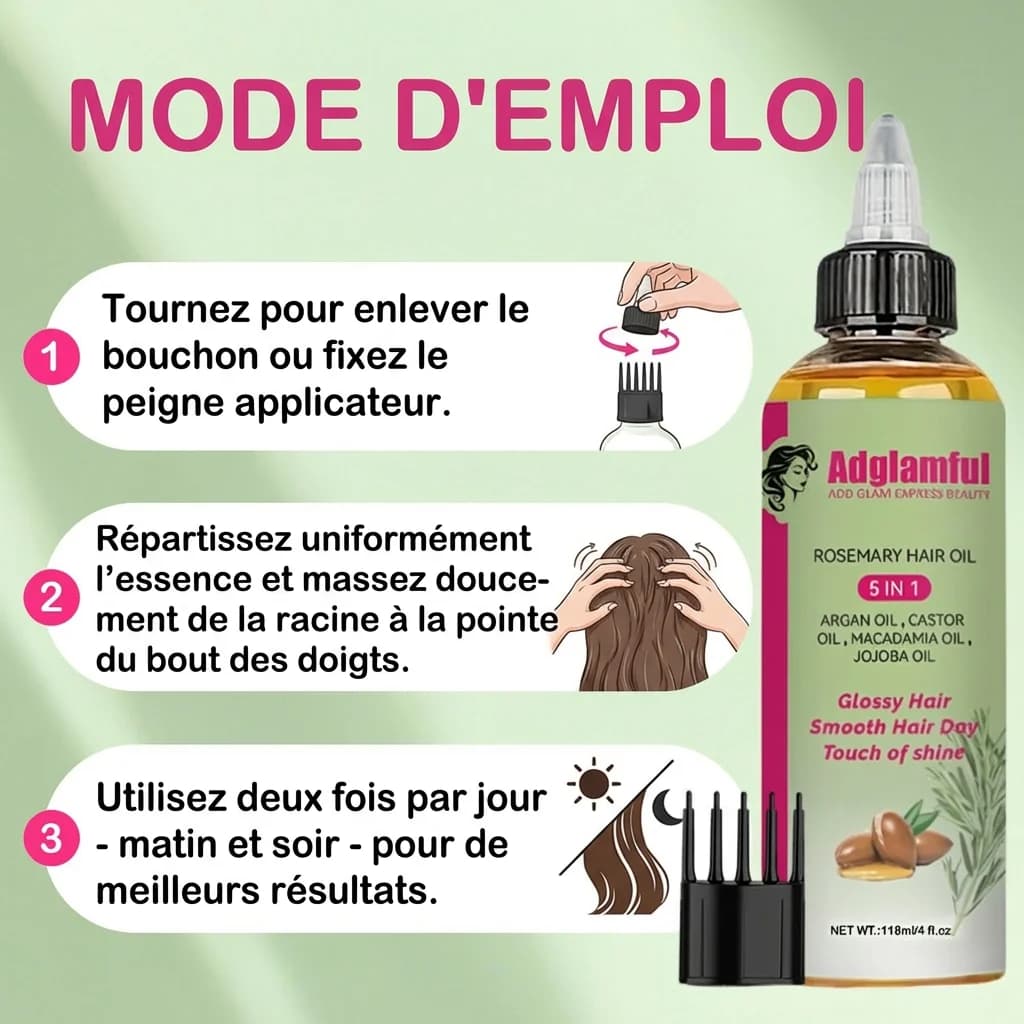 Huile capillaire au romarin 5 en 1 118 ml – Lisse les frisottis, augmente la brillance et l'hydratation, légère à absorption rapide