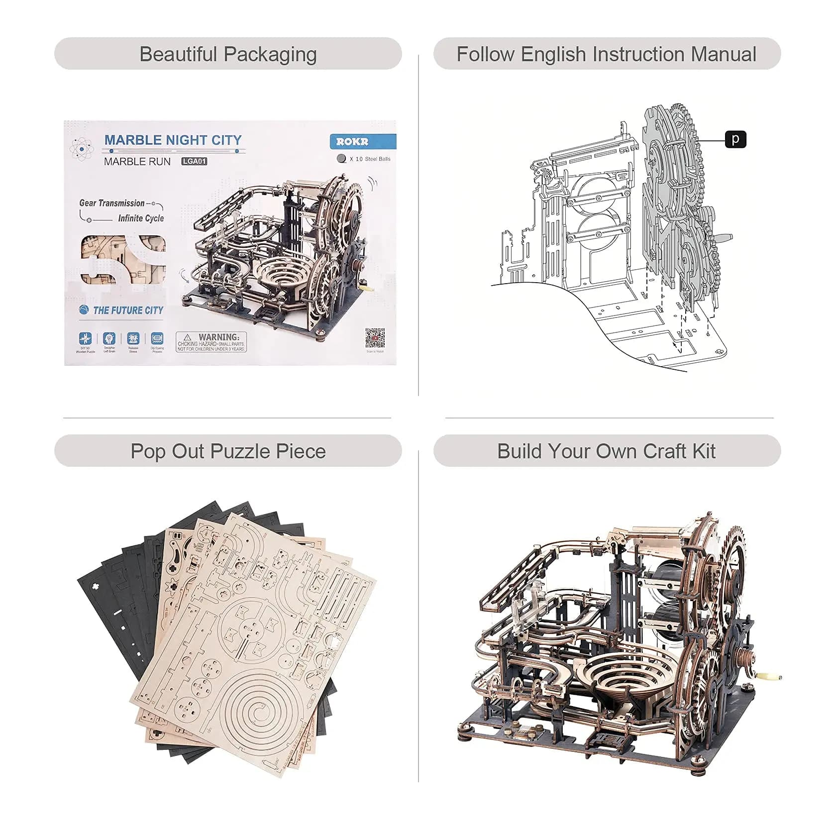 ROKR Marble Night City 3D Puzzle en bois à assembler, modèle de moulin à eau, jouets pour adultes, cadeau d'anniversaire