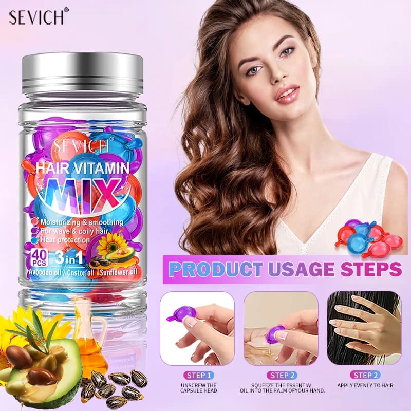 Capsules de Vitamine pour Cheveux Mélangés, Soin Capillaire Réparateur, Maltraité, Frisé, Soyeux, Hydratant, Lissant, Nourrissant, 40 Pièces
