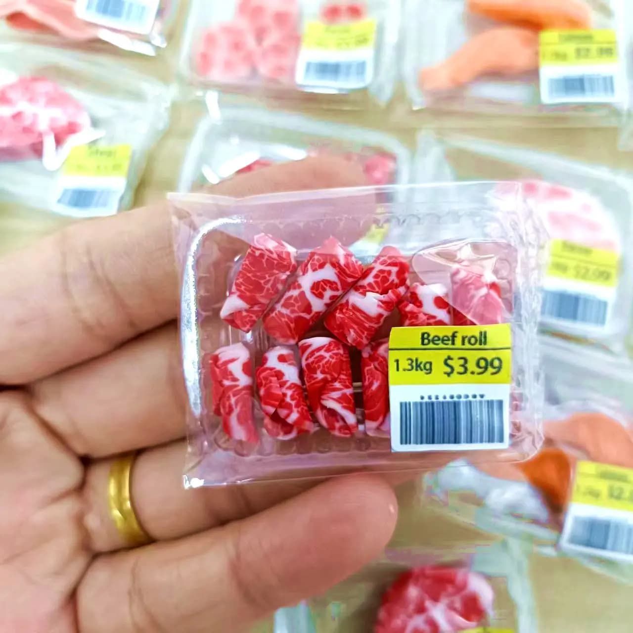 Nouveau supermarché Miniature simulation alimentaire steak de bœuf saumon Bacon rouleau de boeuf pour maison de poupée Mini cuisine argile accessoires alimentaires