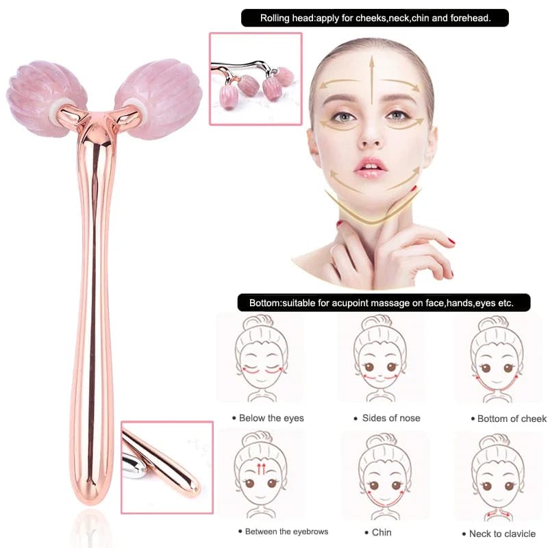Rouleau de massage 3D pour lifting et amincissement du visage, pierre naturelle, quartz rose, rotation à 360 °