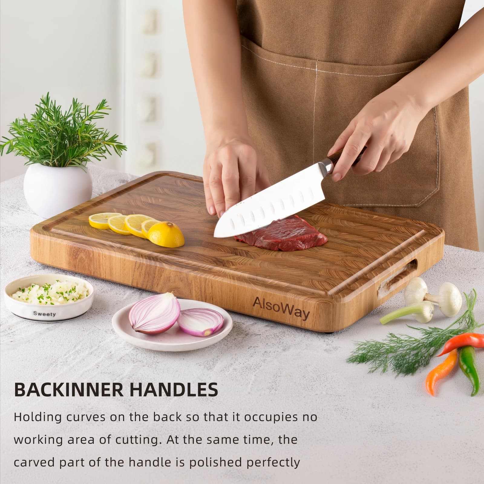 Planche à découper en teck de grain d'extrémité pour la cuisine, bois durable avec rainures de jus, poignées pré-huilées et faciles à saisir