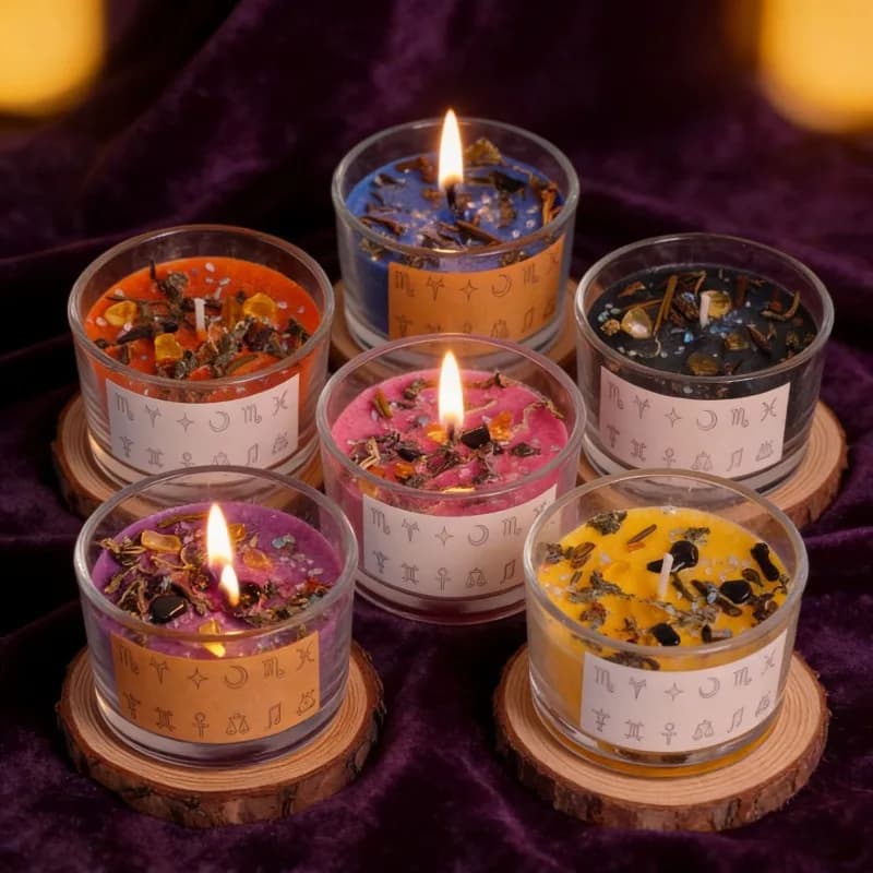 1 pièce, bougie magique du zodiaque 7x7,5x5 cm, rituel de méditation, fleurs séchées et cristal, bougie aromathérapie, fournitures de sorcellerie