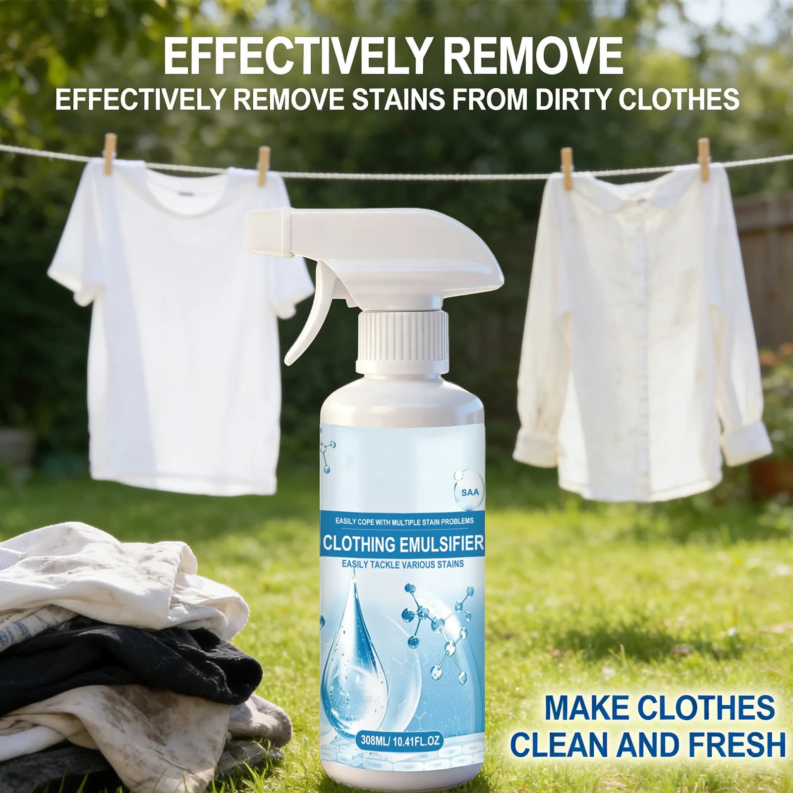 Spray émulsifiant détachant pour vêtements, élimination des taches d'huile, de graisse, de sang et de sueur sur les vêtements blancs, nettoyant tout usage 308ml