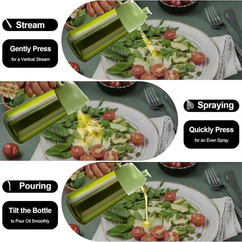 Pulvérisateur d'huile de 470 ml pour la cuisine, distributeur et vaporisateur d'huile d'olive 2-en-1, vaporisateur d'huile avec autocollants, flacon pulvérisateur en verre épais