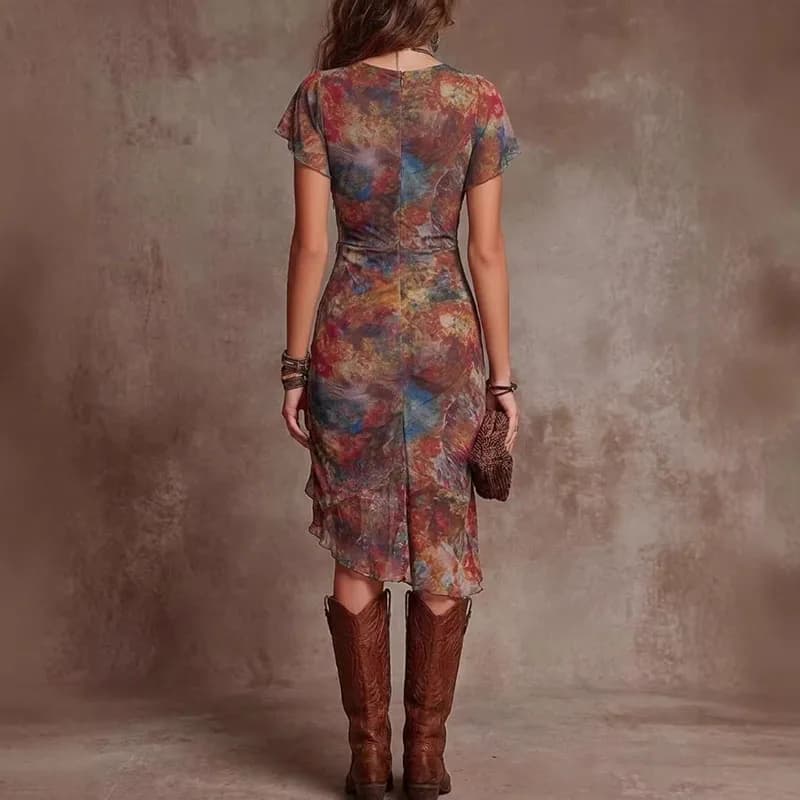 Robe de soirée courte à imprimé floral, sexy, col en V profond, pour femme, avec volants, taille froncée et ourlet asymétrique fendu, idéale pour l'été
