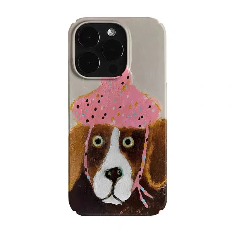 Coque de téléphone en acrylique avec peinture à l'huile d'un chiot à chapeau rose pour IPHONE 17Air 16E 15PROMAX 14Plus 13 12 MINI 11 PRO 16Plus