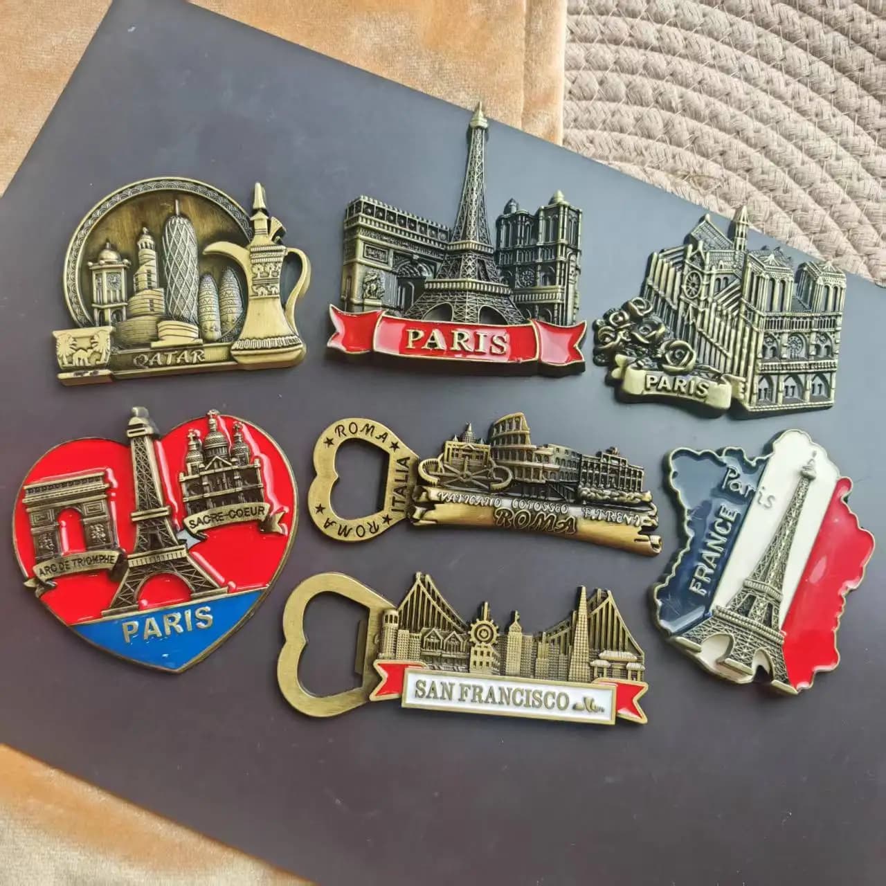 Aimant de réfrigérateur en métal, souvenir de voyage, Paris, France, Qatar, Rome, San Francisco, monuments mondiaux, paysages