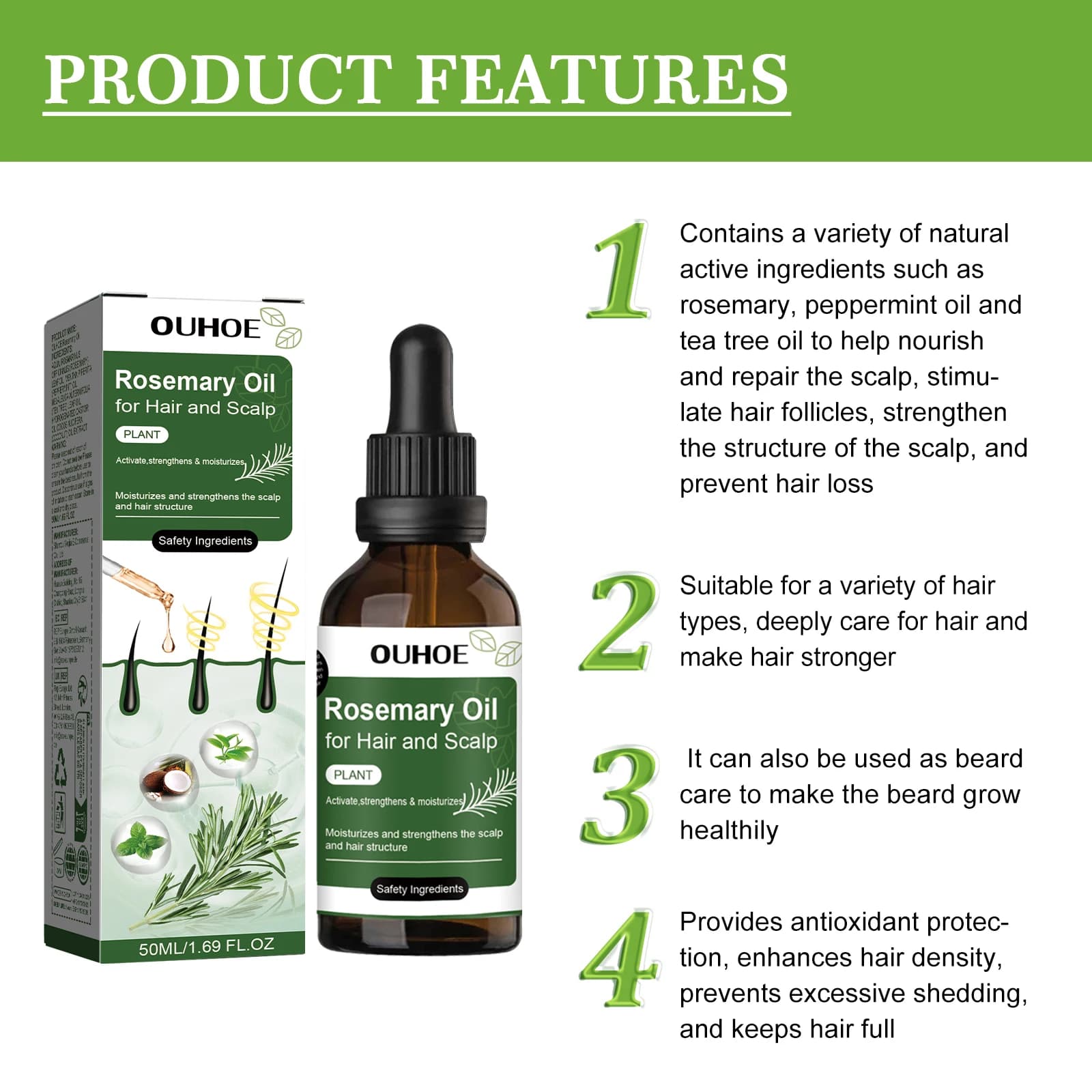 Huile de romarin pour cheveux 50ml traitement du cuir chevelu avec huile de noix de coco et de menthe poivrée sérum capillaire nourrissant pour une force brillante tous les Types de cheveux