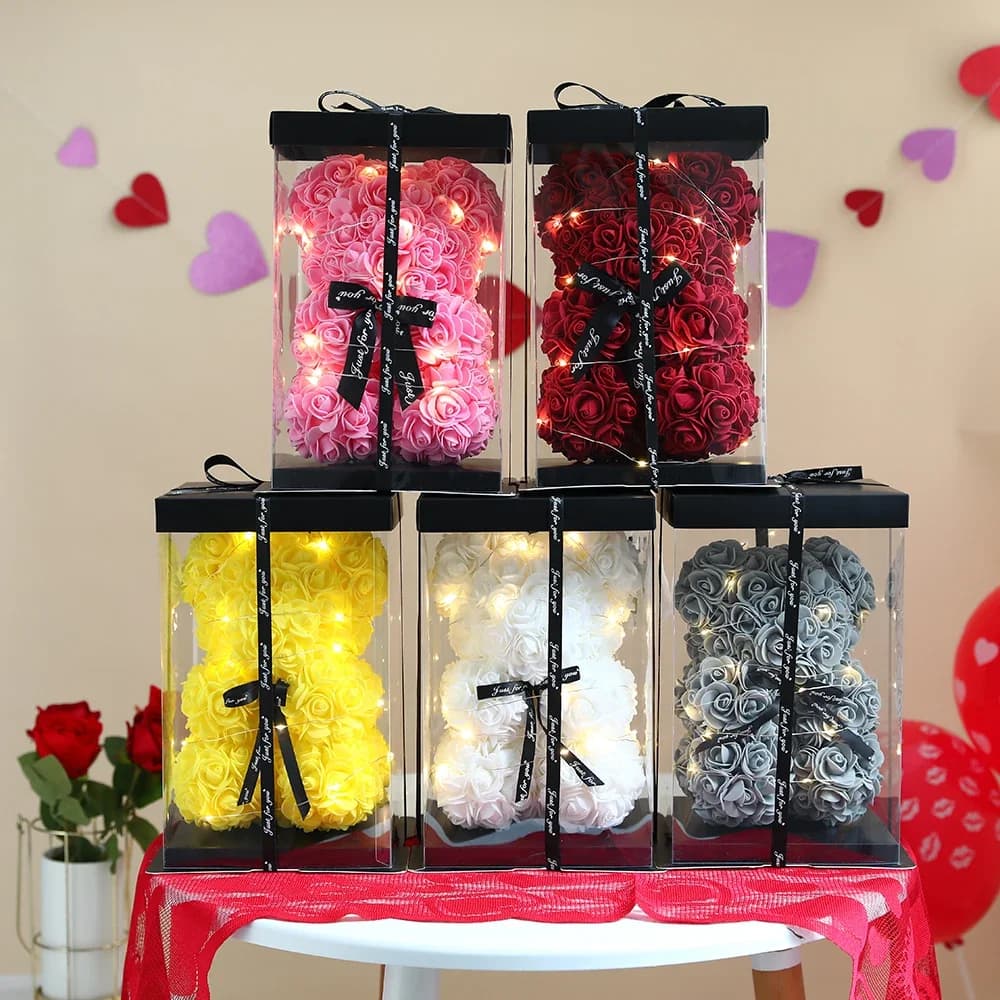 Ours en fleurs artificielles en forme de rose Teddy de 25 cm avec boîte