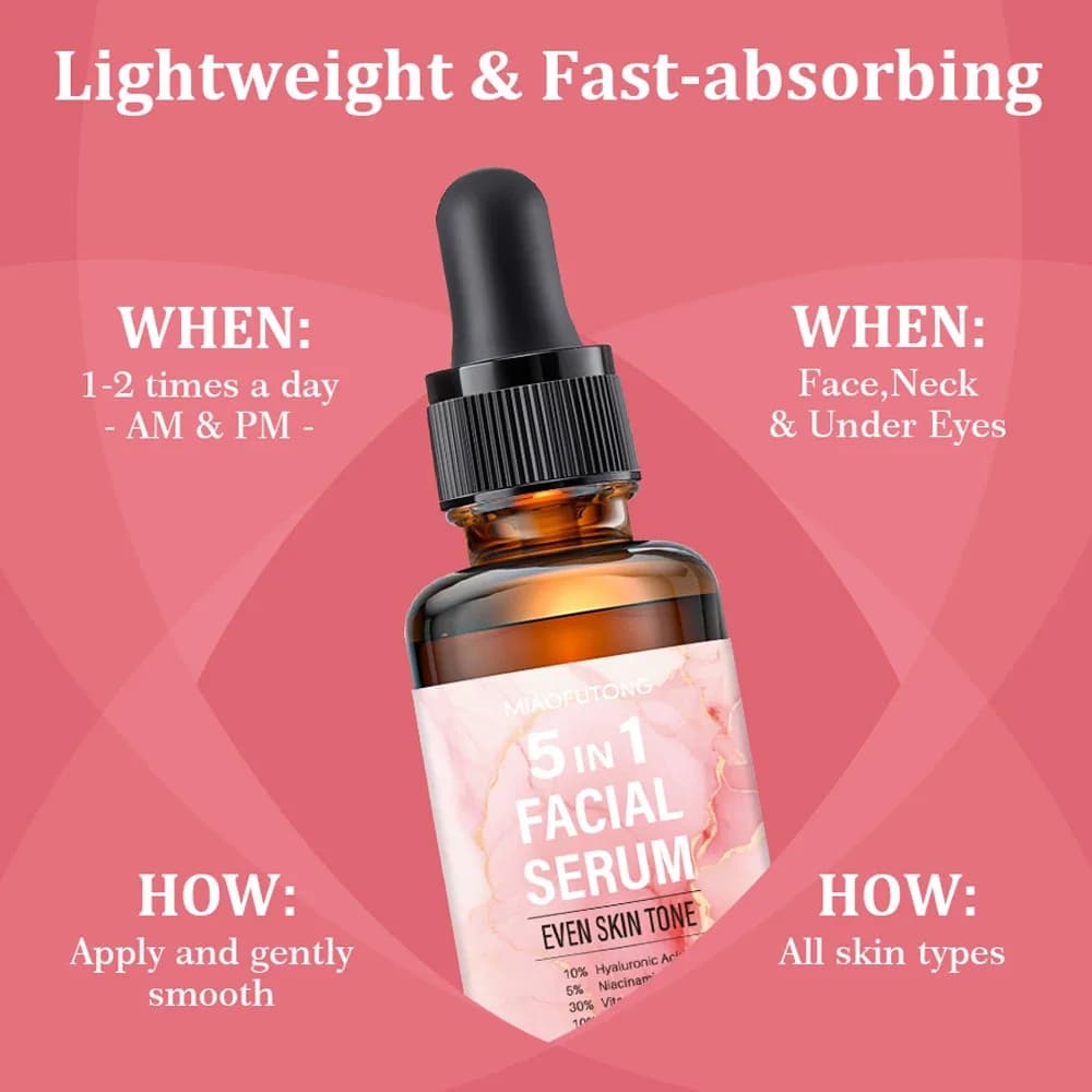 Sérum anti-âge 5 en 1 avec 30% de vitamine C, 10% d'acide hyaluronique, 5% de niacinamide pour éclaircir et hydrater tous les types de peau