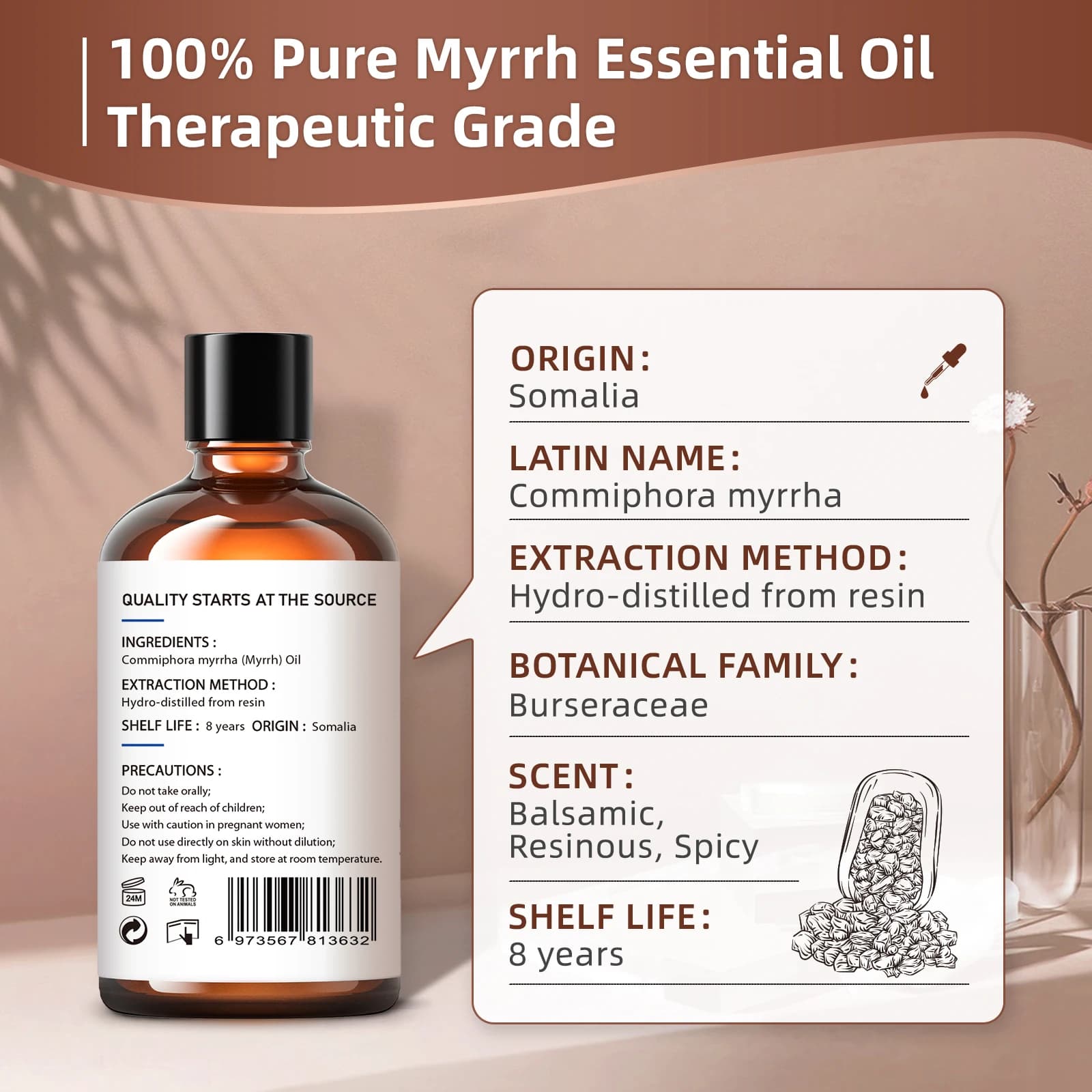 HIQILI 100ML huiles essentielles de myrrhe, 100% nature pure pour aromathérapie, diffuseur, humidificateur, Massage, soulage le stress, parfum