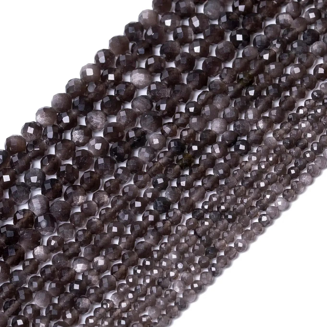 Pierre d'obsidienne couleur argent naturel, petites perles rondes à facettes en vrac pour la fabrication de bijoux, bracelet et collier, 2mm, 3mm, 4mm