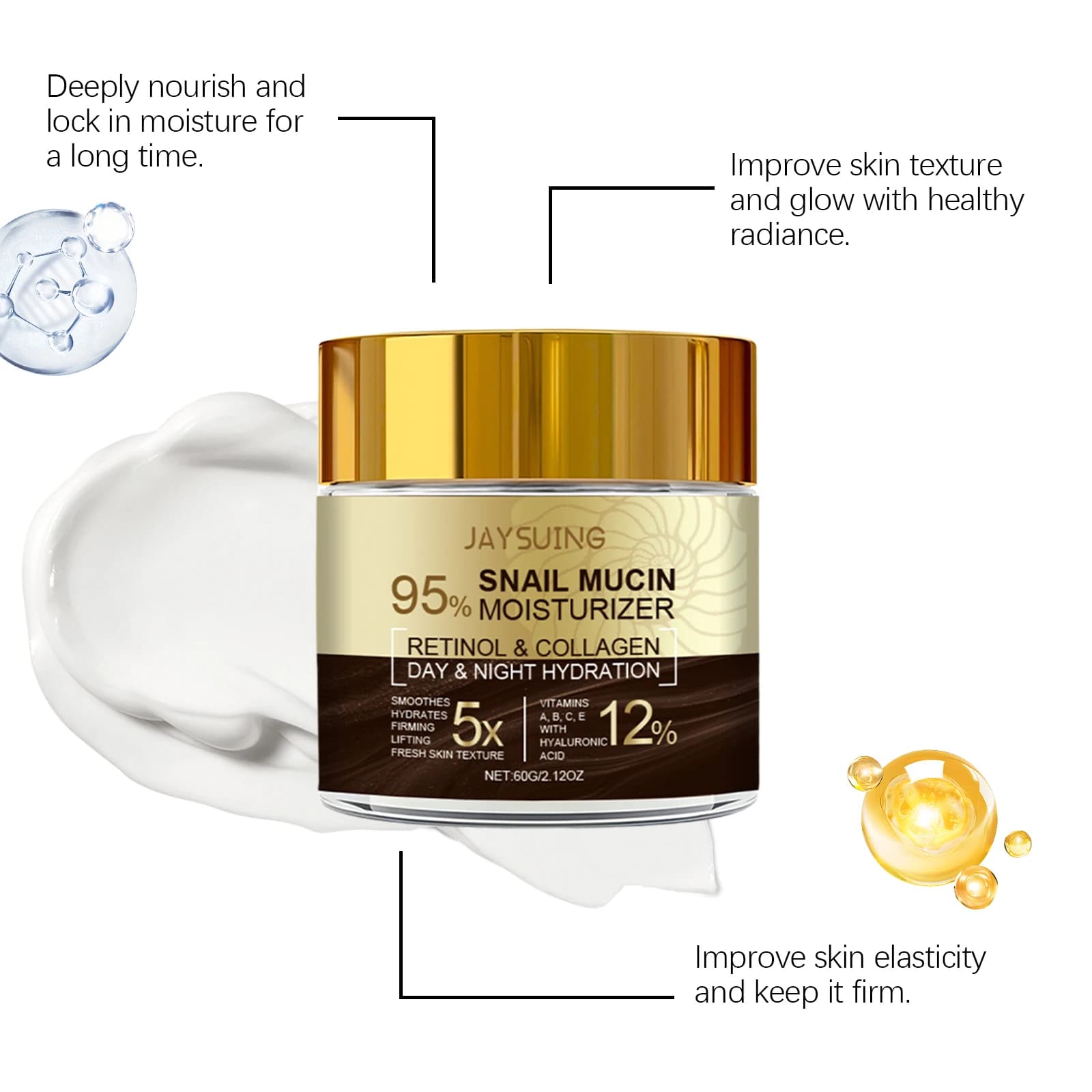 Crème hydratante à Mucin d'escargot, rajeunissante au collagène, Anti-âge, rides, lifting ferme, éclaircissante, acide hyaluronique au rétinol, crème de jour et de nuit, 95%